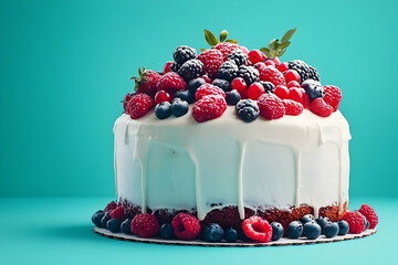 Freshly baked cake topped with assorted berries.