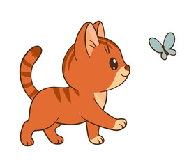 Cute ginger tabby kitten follows a butterfly. Hand drawn fun and heartfelt style. Ideal for children's books, educational materials, nursery decorations, greeting cards, stickers. Vector illustration