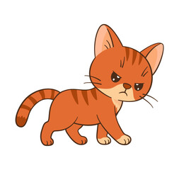 Obraz premium Angry orange tabby kitten walking. Hand drawn funny and soulful style. Ideal for children's books, educational materials, nursery decorations, greeting cards, stickers, websites. Vector illustration