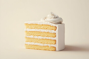 Creamy, vanilla cake slice, digitally rendered, on a light background.
