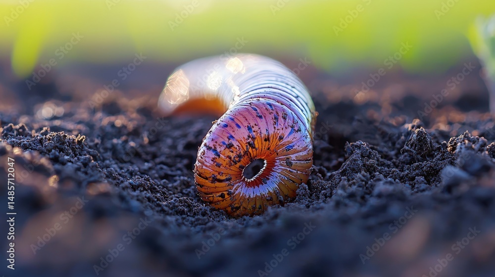 Poster close-up view of a segmented earthworm in soil.