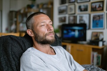 Obraz premium A calm man sits in his living room, reflecting in a comfortable setting adorned with personal photos, embodying relaxation and introspection in everyday life.