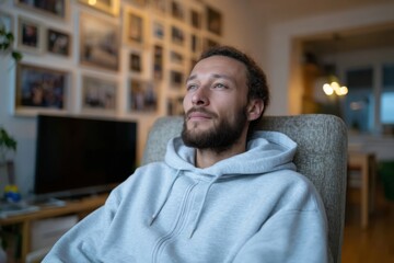 Obraz premium A pensive man in a hoodie sits on a chair in a cozy environment, lost in thought while surrounded by warm decor and family photos that evoke emotion.