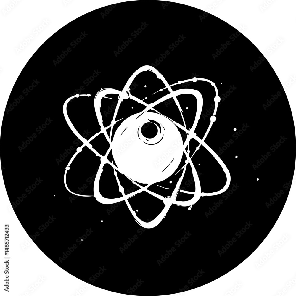 Poster abstract atom representation against a circular black background design