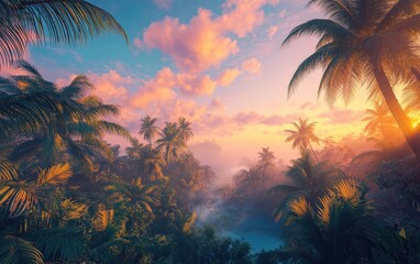 Lush tropical sunset over a misty valley