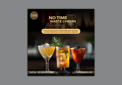 Cocktail Themed Editable Social Media Post with Various Drinks Flavor for Bar or Lounge Promotion.