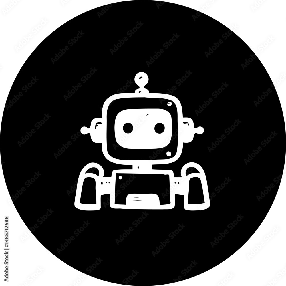 Poster monochrome depiction of a whimsical robot icon within a stark black circle