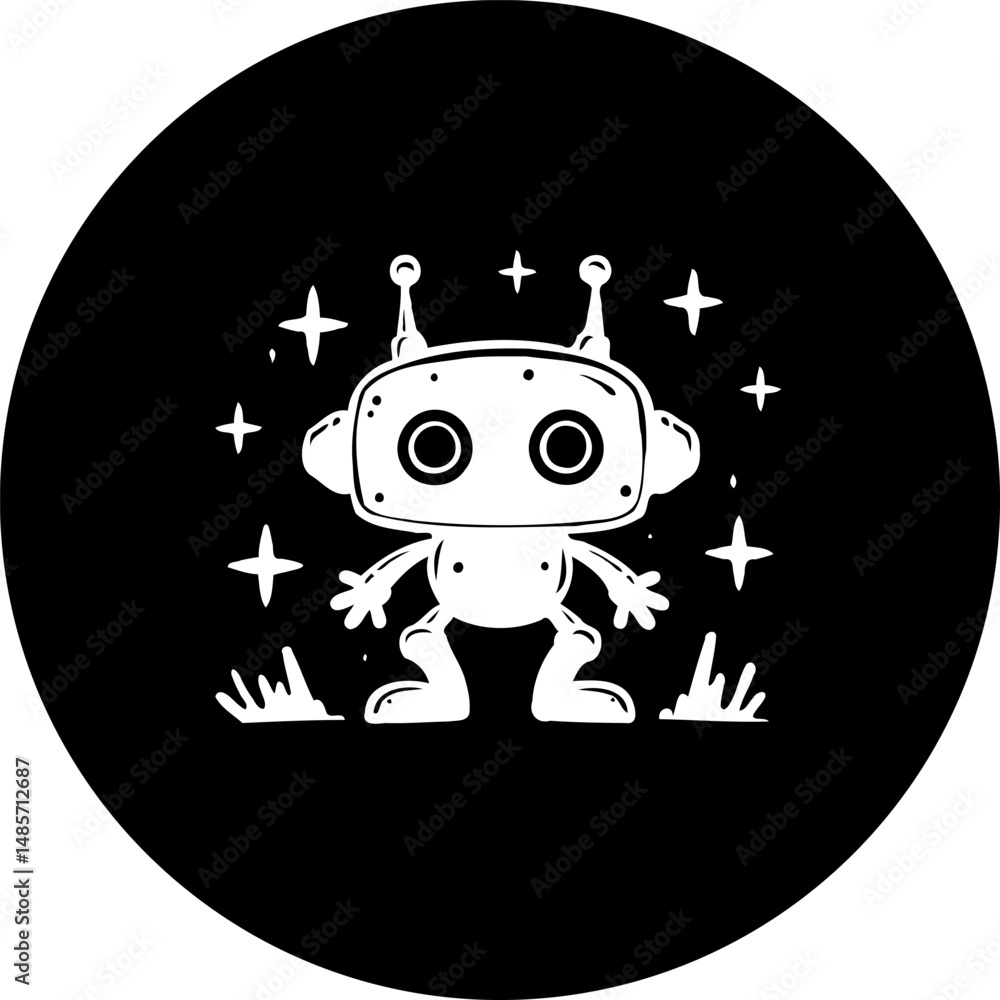Poster enigmatic monochrome depiction of a stylized robot figure in a circular motif