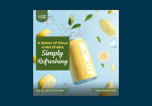 Tropical Citrus Mint Refresher Drink, Editable Social Media Post for Summer Season with Text Placeholder.