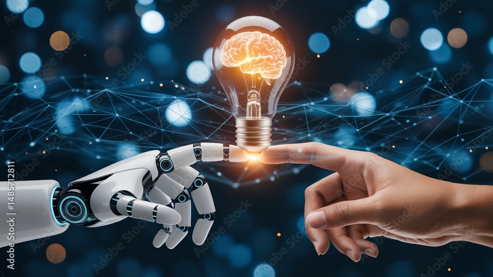 Poster human and robotic hands gently touch a lightbulb containing a brain, symbolizing ai and innovation; 