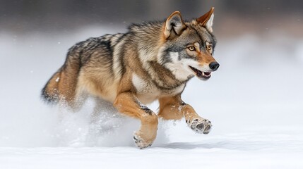 Naklejka premium A coyote-like wolf running through snow.