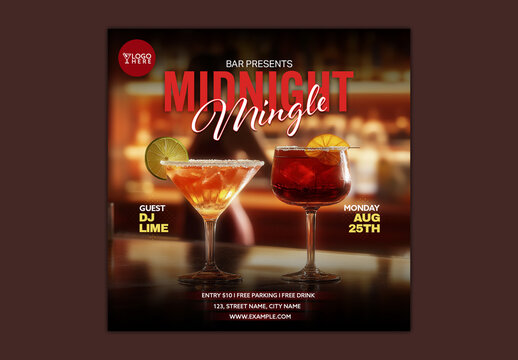 Midnight Mingle Editable Social Media Post for Trendy Cocktail Bar and Party Promotions.