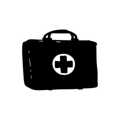 First aid kit medical emergency healthcare supplies equipment safety treatment black and white icon