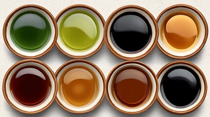 Colorful Asian Sauces Umami Flavors in Bowls.