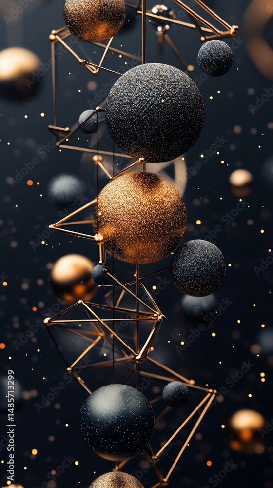 Poster Floating spheres, golden structures against dark backdrop with subtle glitter
