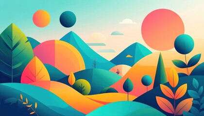 Vibrant Colorful Abstract Landscape Illustration Featuring Rolling Hills Sun and Trees