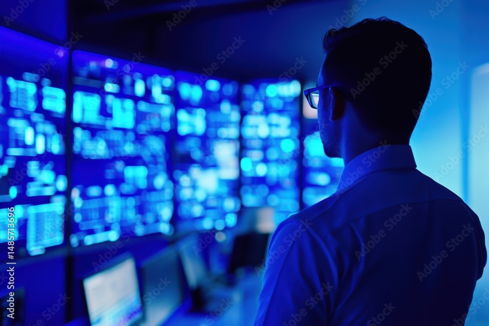 Aufkleber cybersecurity analyst reviewing digital data streams blue light network security professional