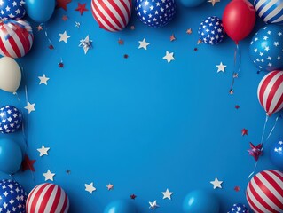Patriotic Balloons and Confetti Border on Blue Background