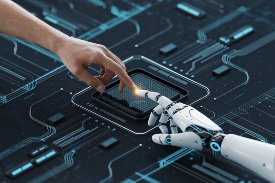 Human hand and robotic hand touching on a futuristic digital interface, concept for artificial intelligence and technology