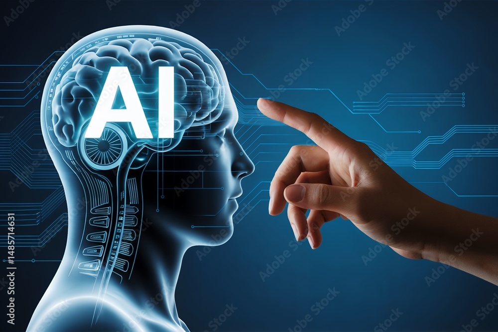 Aufkleber translucent ai brain concept digitally manipulated with a hand pointing at it, concept for artificia