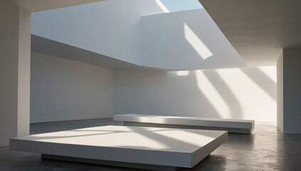Fototapeta premium Minimal white floating platforms with elegant lighting and shadows