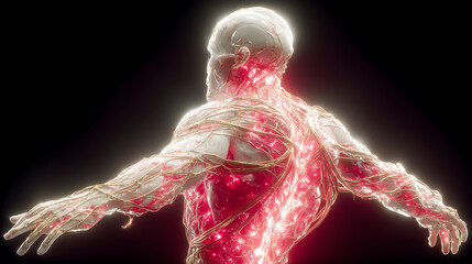 Synthetic Pulse: A Hyper-Realistic Full-Body Portrait of a Humanoid Cyborg with Translucent Elastic Skin, Wired Veins, and Futuristic Anatomy Illuminated Against a Stark Black Backdrop
