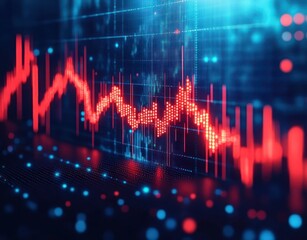 Abstract digital financial chart with red fluctuating line graph and glowing blue data points on dark futuristic background