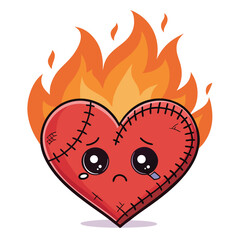 A fiery, stitched-up heart with a miniature, sorrowful face, illustrating emotional pain and resilience.