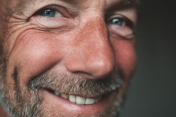 Fototapeta premium Mature Adult Face Close-Up: Smiling Man with Blue Eyes and Graying Beard Showing Expression Lines and Dental Health