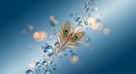 Elegant Peacock Feather Adorned with Water Droplets Abstract Background Design