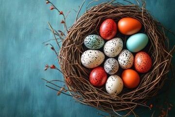 Fototapeta premium Colorful speckled eggs in a natural twig bird nest on a textured blue background evoking a peaceful and fresh spring atmosphere