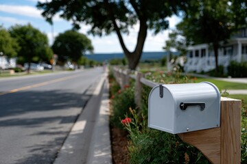 This image presents a charming mailbox, situated next to vibrant flowers and greenery, creating a picturesque scene that reflects a quaint neighborhood's character.