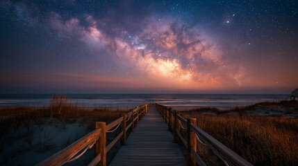 A wooden boardwalk stretches across the sandy beach at night
