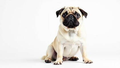 Adorable pug dog sitting, isolated on white background , canine, pet photography, dog