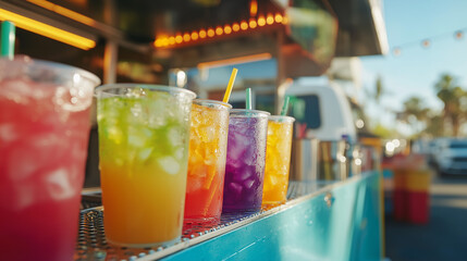 Vibrant iced drinks in a rainbow of colors sit on a food truck counter. © GrayFrog
