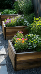 Obraz premium Beautiful raised wooden garden beds with blooming flowers and green herbs - vibrant and organized backyard oasis.