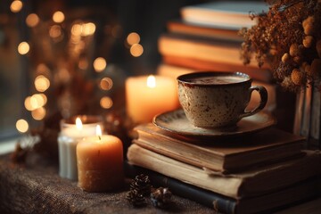Cozy Still Life with Steaming Coffee Cup on Books, Lit Candles and Dried Flowers for Autumn or Winter Mood