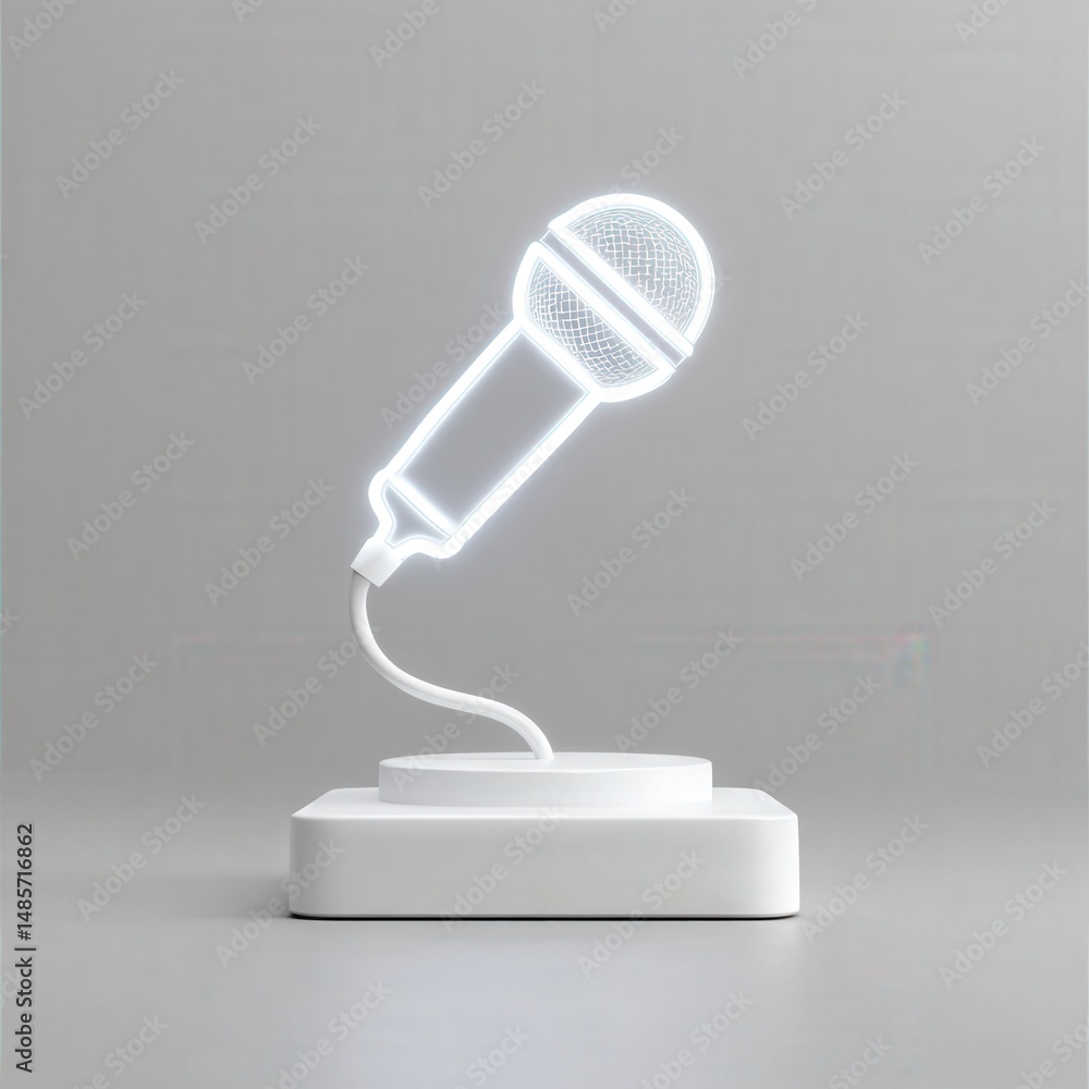 Poster 3d glowing microphone icon on white podium displaying modern design for creative projects and events