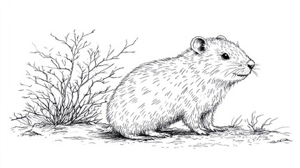 Obraz premium Desert Pocket Mouse Illustration, Side Profile, Against Dry Brush