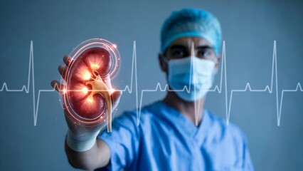 A surgeon's hand displays a glowing 3D model of a human kidney against a heartbeat graphic, concept for medical technology and healthcare presentations