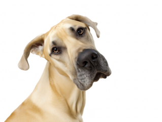 Close-up portrait of a Great Dane with its head tilted to the left on a transparent background