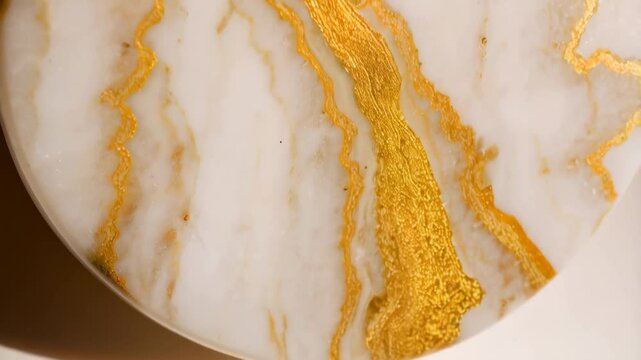 Closeup of white onyx stone surface showing golden veins and marble pattern, abstract, luxury aesthetic, neutral tones, smooth texture