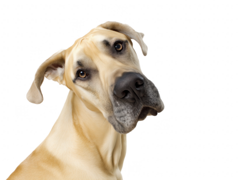Close-up portrait of a Great Dane with its head tilted to the left on a transparent background