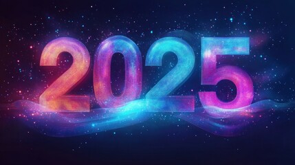 Large colorful glowing numbers forming 2025 against a dark starry background with light trails and sparkles conveying a futuristic and celebratory mood