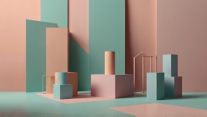 Pastel-colored minimalist scene with geometric podiums and abstract shapes