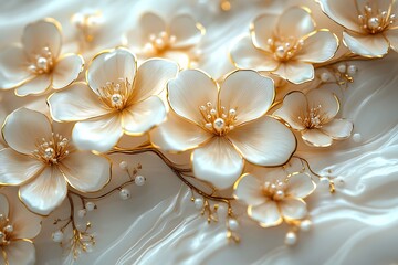 Elegant white flowers with gold accents and pearls create a delicate floral design