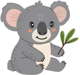 Koala wild animal holding a green leafy twig in hand drawn, doodle style. Suitable for kids content, animal books, and nature themes. White background.