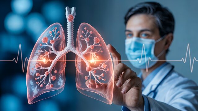 Detailed 3D rendering of human lungs with highlighted alveoli, doctor's hand interacting with a digital model, concept for medical research, healthcare, and pulmonology. - Powered by Adobe