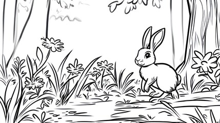 Naklejka premium Forest rabbit illustration, calm scene, nature, black and white