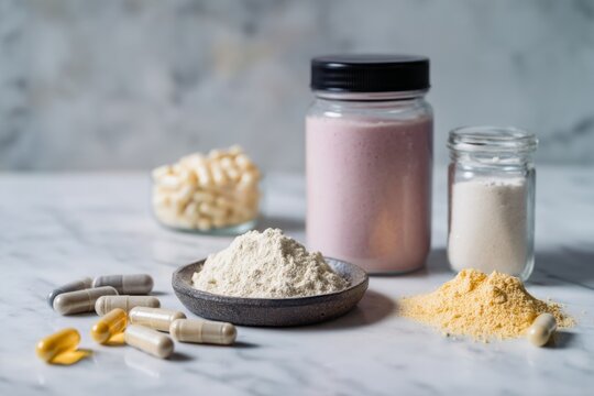 Nutritional supplements: protein shake, protein powder, amino acids, and collagen peptides displayed on a marble counter